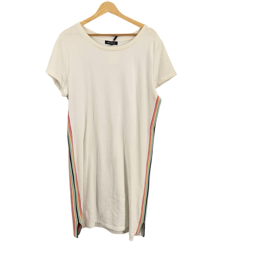 525 America T-Shirt Dress White Rainbow Stripe French Terry Size Large New